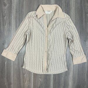 Como Tan 3/4 Sleeve Button Down Shirt – Size M Textured Collared Top